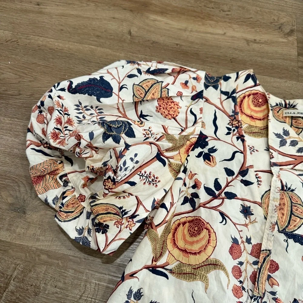 Ulla Johnson Cream Floral Puff-Sleeve Blouse with Navy and Rust Motif